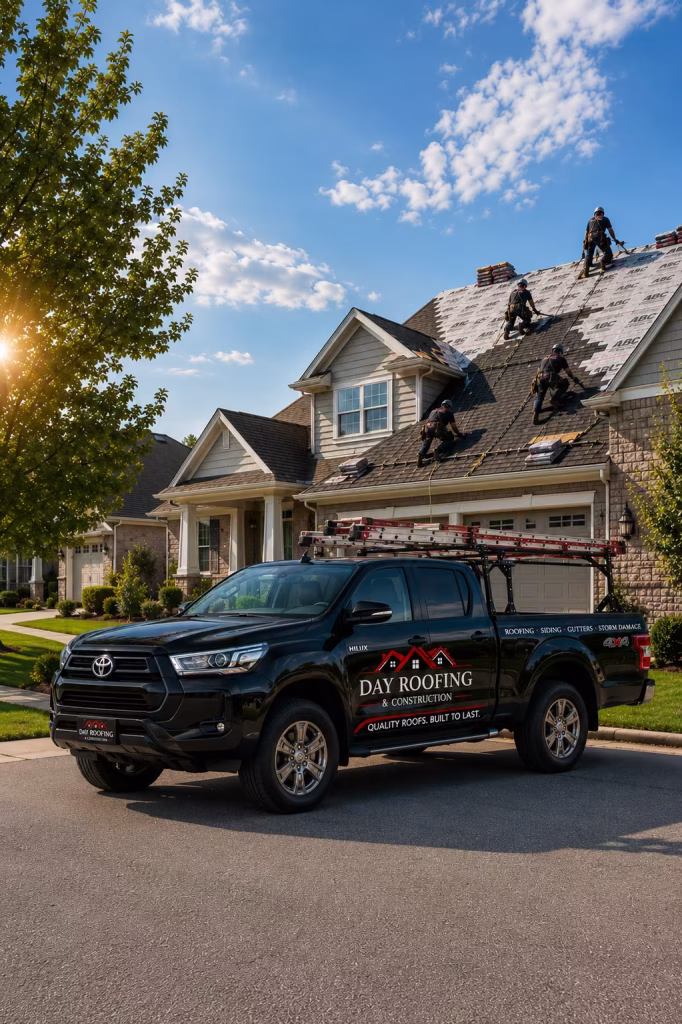 Roofing crew and company truck at a suburban home roof replacement